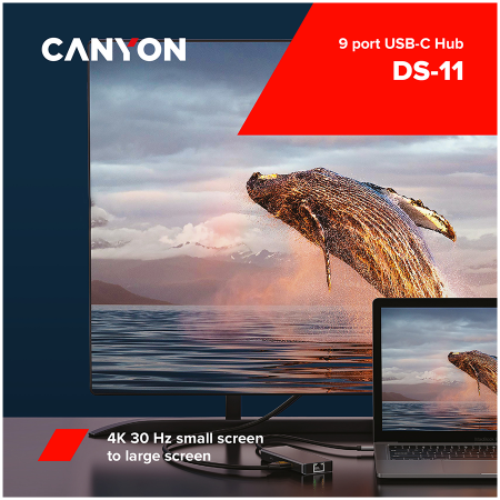 CANYON DS-11, 9 in 1 USB C hub, with 1*HDMI: 4K*30Hz,1*Gigabit Ethernet,, 1*Type-C PD charging port, Max 100W PD input. 2*USB3.0,transfer speed up to 5Gbps. 1*USB 2.0, 1*SD, 1*3.5mm audio jack, cable  [2]