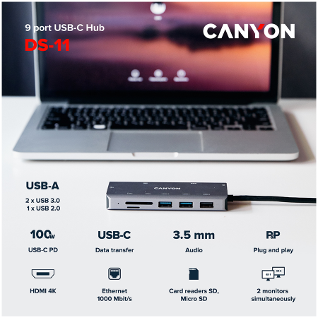 CANYON DS-11, 9 in 1 USB C hub, with 1*HDMI: 4K*30Hz,1*Gigabit Ethernet,, 1*Type-C PD charging port, Max 100W PD input. 2*USB3.0,transfer speed up to 5Gbps. 1*USB 2.0, 1*SD, 1*3.5mm audio jack, cable  [3]