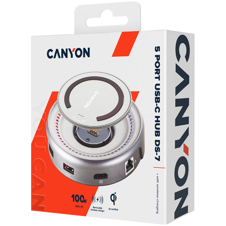 CANYON DS-7, Multiport Docking Station with 5 port, with wireless charger 10W, 2*Type C+1*HDMI+1*USB3.0+1*USB2.0. Input 100-240V, Output USB-C PD100W&USB-A 5V/1A, cable length type c-c 0.3m+micro USB  [2]