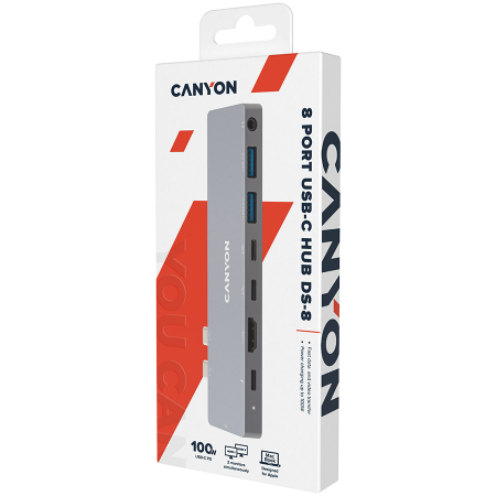 CANYON DS-8 Multiport Docking Station with 8 port, 1*Type C PD100W+2*Type C data+2*HDMI+2*USB3.0+1*Audio. Input 100-240V, Output USB-C PD100W&USB-A 5V/1A, Aluminium alloy, Space gray, 135*48*10mm, 0.0 [4]