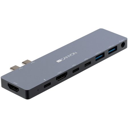 CANYON DS-8 Multiport Docking Station with 8 port, 1*Type C PD100W+2*Type C data+2*HDMI+2*USB3.0+1*Audio. Input 100-240V, Output USB-C PD100W&USB-A 5V/1A, Aluminium alloy, Space gray, 135*48*10mm, 0.0 [2]