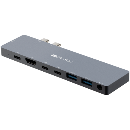 CANYON DS-8 Multiport Docking Station with 8 port, 1*Type C PD100W+2*Type C data+2*HDMI+2*USB3.0+1*Audio. Input 100-240V, Output USB-C PD100W&USB-A 5V/1A, Aluminium alloy, Space gray, 135*48*10mm, 0.0 [1]