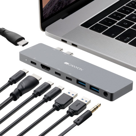 CANYON DS-8 Multiport Docking Station with 8 port, 1*Type C PD100W+2*Type C data+2*HDMI+2*USB3.0+1*Audio. Input 100-240V, Output USB-C PD100W&USB-A 5V/1A, Aluminium alloy, Space gray, 135*48*10mm, 0.0 [3]