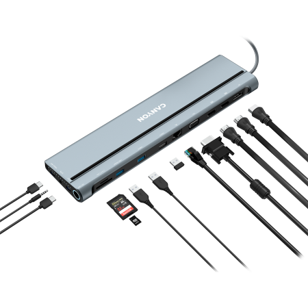 CANYON DS-90, 14 in 1 hub, with Type C female *2,Type C male *1:max 10Gbps,USBA*3:max 10Gbps,DP*1，VGA*1,SD card slot*1,TF card slot*1,Audio 3.5 audio*1,HDMI*2,RJ45*1,cable length 0.20m,Aluminum alloy  [3]