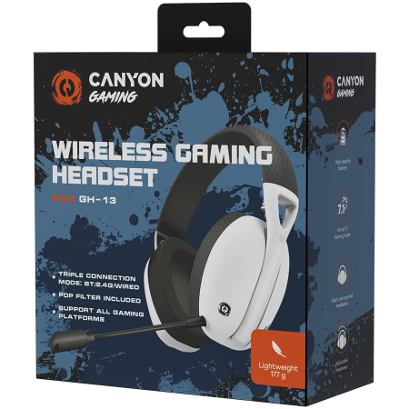 CANYON Ego GH-13, Gaming BT headset, +virtual 7.1 support in 2.4G mode, with chipset BK3288X, BT version 5.2, cable 1.8M, size: 198x184x79mm, White [7]