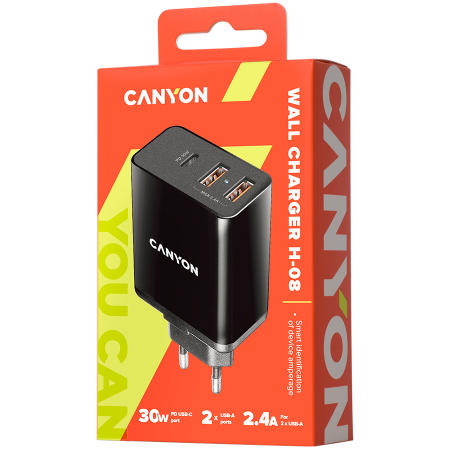 CANYON H-08, Universal 3xUSB AC charger (in wall) with over-voltage protection(1 USB-C with PD Quick Charger), Input 100V-240V, Output USB-A/5V-2.4A+USB-C/PD30W, with Smart IC, Black Glossy Color+oran [1]