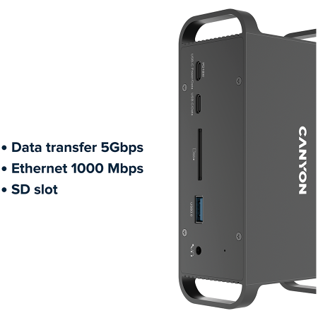 CANYON HDS-95ST, Multiport Docking Station with 14 ports ,with Type C female *4 ,USB3.0*2,USB2.0*2,RJ45*1,HDMI*2,SD card slot,Audio 3.5 audio*1Input 100-240V/100W AC port, Output USB-C PD 60W * 1, Dua [6]