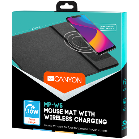 Gaming PC & Console - CANYON Mouse Mat with wireless charger, Input 5V/2A,9V2A Output 5W/7.5W/10W, 324*244*6mm, Micro USB cable length 1m, Black, 220g