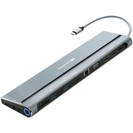 Canyon Multiport Docking Station with 14 ports: Type c data+Audio+Type C PD3.0 100W+SD+TF+2*USB3.0+USB2.0+RJ45+2*HDMI+VGA+DP+Lock, Input 100-240V, Output USB-C PD 5-20V/5A, cable length 0.20m, Space g [1]