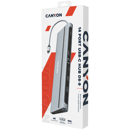 Canyon Multiport Docking Station with 14 ports: Type c data+Audio+Type C PD3.0 100W+SD+TF+2*USB3.0+USB2.0+RJ45+2*HDMI+VGA+DP+Lock, Input 100-240V, Output USB-C PD 5-20V/5A, cable length 0.20m, Space g [3]