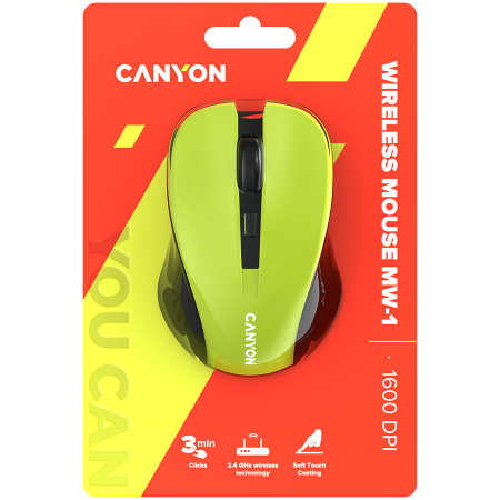 CANYON MW-1, Yellow 2.4GHz wireless optical mouse with 3 buttons, 800/1200/1600 DPI adjustable [5]
