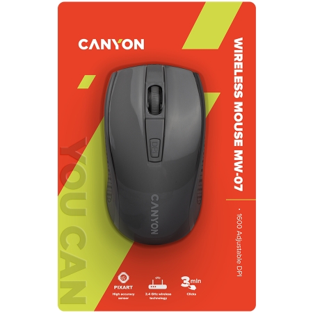 CANYON MW-7, 2.4Ghz wireless mouse, 6 buttons, DPI 800/1200/1600, with 1 AA battery ,size 110*60*37mm,58g,black [5]