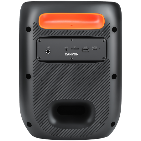 CANYON OnFun 5, Partybox speaker,Spec: speaker drivers: 6.5''+1.5'tweeter Power Output : 40W Lithium Battery : 7.4v 3600mAh Function : AUX+TF+MIC+BT+USB+DSP+EQ+ehco+. Color: Black body,orange handle. [3]