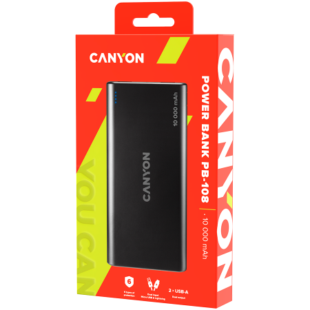 CANYON PB-108 Power bank 10000mAh Li-poly battery, Input 5V/2A, Output 5V/2.1A(Max), 140*68*16mm, 0.230Kg, Black [3]