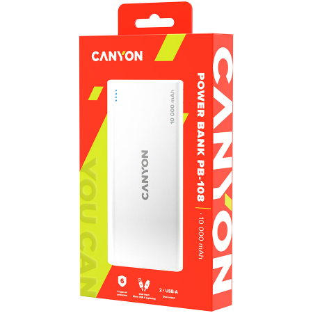 CANYON PB-108 Power bank 10000mAh Li-poly battery, Input 5V/2A, Output 5V/2.1A(Max), 140*68*16mm, 0.230Kg, White [3]