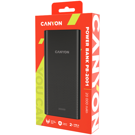 CANYON PB-2001, Power bank 20000mAh Li-poly battery, Input 5V/2A , Output 5V/2.1A(Max), 144*69*28.5mm, 0.440Kg, Black [2]