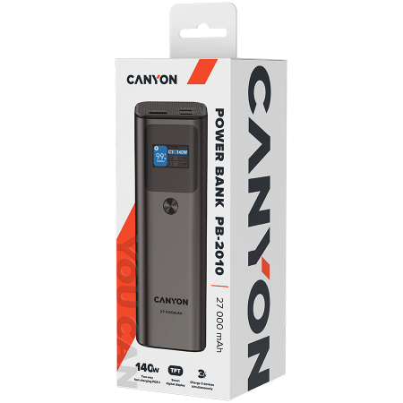 CANYON PB-2010, allowed for air travel power bank 27000mAh/97.2Wh Li-poly battery, in/out:2xUSB-C PD3.1 140W, out:USB-A QC 3.0 22.5W,TFT display,Dark Grey [6]