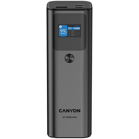 Baterii Externe - CANYON PB-2010, allowed for air travel power bank 27000mAh/97.2Wh Li-poly battery, in/out:2xUSB-C PD3.1 140W, out:USB-A QC 3.0 22.5W,TFT display,Dark Grey