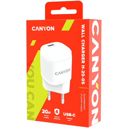 CANYON H-20-05, PD 20W Input: 100V-240V, Output: 1 port charge: USB-C:PD 20W (5V3A/9V2.22A/12V1.66A) , Eu plug, Over- Voltage , over-heated, over-current and short circuit protection Compliant with CE [3]