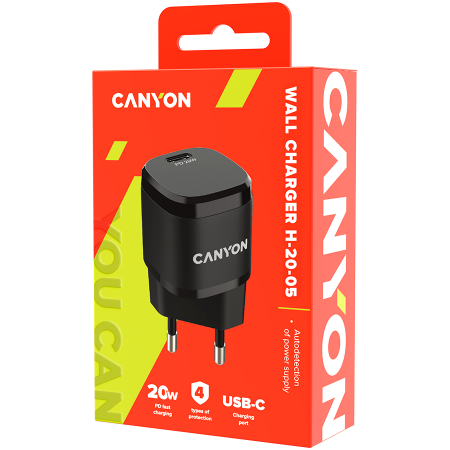 CANYON H-20-05, PD 20W Input: 100V-240V, Output: 1 port charge: USB-C:PD 20W (5V3A/9V2.22A/12V1.66A) , Eu plug, Over- Voltage , over-heated, over-current and short circuit protection Compliant with CE [3]
