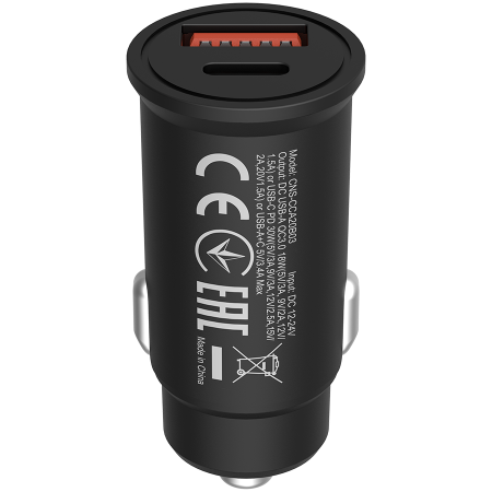 CANYON С-20B03, PD 30W/QC3.0 18W Pocket size car charger with 1-USB A+ 1-USB-C Input: DC12V-24V, Output: USBC: PD30W( 5V3A/9V3A/12V2.5A/15V2A/20V1.5A),USB-A:QC3.0 18W (5V3A [1]