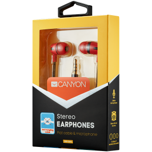 CANYON SEP-4 Stereo earphone with microphone, 1.2m flat cable, Red, 22*12*12mm, 0.013kg [1]