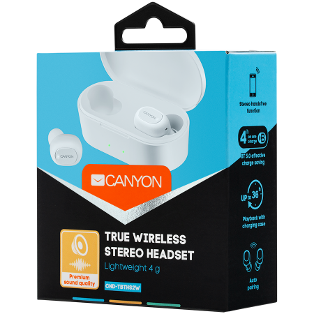 Canyon TWS Bluetooth sport headset, with microphone, BT V5.0, RTL8763BFR, battery EarBud 43mAh*2+Charging Case 800mAh, cable length 0.18m, 78*38*32mm, 0.063kg, White [2]