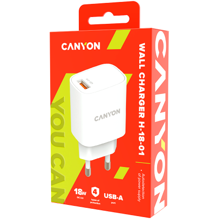CANYON H-18-01, Wall charger with 1*USB, QC3.0 18W, Input: 100V-240V, Output: DC 5V/3A,9V/2A,12V/1.5A, Eu plug, OCP/OVP/OTP/SCP, CE, RoHS ,ERP. Size: 80.17*41.23*28.68mm, 50g, White [2]