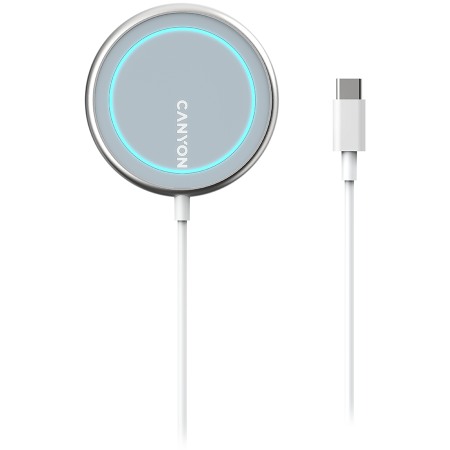 CANYON WS-100 Wireless charger, Input 9V/2A, 9V/2.7A, 12V/2A, Output 15W/10W/7.5W/5W, Type c cable length 1.5m, Acrylic surface+Aluminium alloy edge, 59*59*7mm, 0.06Kg, Silver [1]