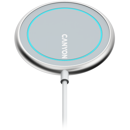 CANYON WS-100 Wireless charger, Input 9V/2A, 9V/2.7A, 12V/2A, Output 15W/10W/7.5W/5W, Type c cable length 1.5m, Acrylic surface+Aluminium alloy edge, 59*59*7mm, 0.06Kg, Silver [0]