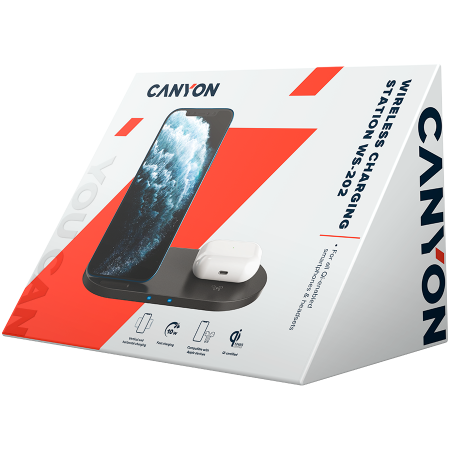 CANYON WS-202 2in1 Wireless charger, Input 5V/3A, 9V/2.67A, Output 10W/7.5W/5W, Type c cable length 1.2m, PC+ABS,with PU part ,180*86*111.1mm, 0.185Kg,Black [2]
