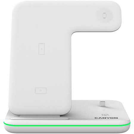 CANYON WS-302, 3in1 Wireless charger, with touch button for Running water light, Input 9V/2A, 12V/2A, Output 15W/10W/7.5W/5W, Type c to USB-A cable length 1.2m, 137*103*140mm, 0.22Kg, White [1]