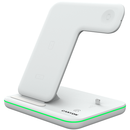 CANYON WS-302, 3in1 Wireless charger, with touch button for Running water light, Input 9V/2A, 12V/2A, Output 15W/10W/7.5W/5W, Type c to USB-A cable length 1.2m, 137*103*140mm, 0.22Kg, White [2]