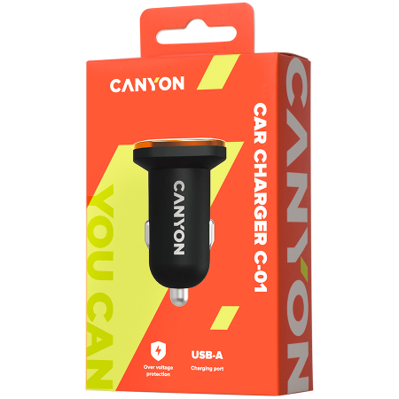 CANYON C-01 Universal 1xUSB car adapter, Input 12V-24V, Output 5V-1A, black rubber coating with orange electroplated ring(without LED backlighting), 51.8*31.2*26.2mm, 0.016kg [2]
