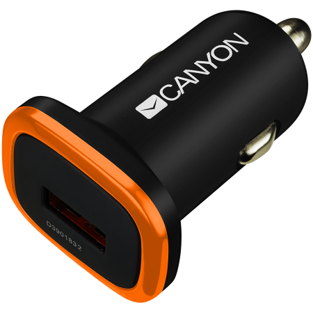 CANYON C-01 Universal 1xUSB car adapter, Input 12V-24V, Output 5V-1A, black rubber coating with orange electroplated ring(without LED backlighting), 51.8*31.2*26.2mm, 0.016kg [0]