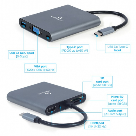 DOCKING Station Gembird universal, conectare PC USB Type C, USB-C x 1, USB-A 3.1 x 1, porturi video HDMI x 1, VGA x 1, PD  60 W, SD, microSD, Audio, argintiu, \\"A-CM-COMBO6-01\\" (include TV 0.18lei) [1]
