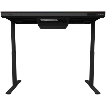 Dual-motor sit/stand adjustable-height gaming desk with built-in PC case, wireless charger, RGB lighting, control panel, and USB ports, tempered glass tabletop, black. [3]