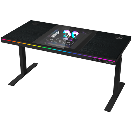 Jocuri si multimedia - Dual-motor sit/stand adjustable-height gaming desk with built-in PC case, wireless charger, RGB lighting, control panel, and USB ports, wooden tabletop, black.