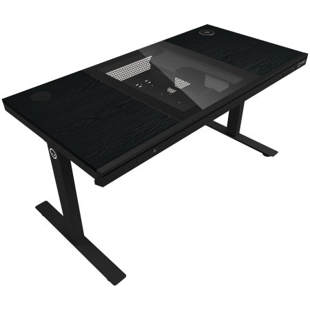 Dual-motor sit/stand adjustable-height gaming desk with built-in PC case, wireless charger, RGB lighting, control panel, and USB ports, wooden tabletop, black. [2]