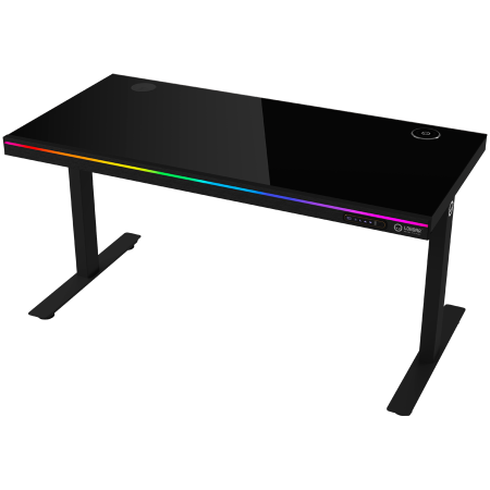 Jocuri si multimedia - Dual-motor sit/stand adjustable-height gaming desk with wireless charger, RGB lighting, control panel, and USB ports, solid tempered glass tabletop, black.