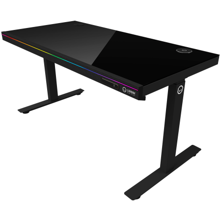 Dual-motor sit/stand adjustable-height gaming desk with wireless charger, RGB lighting, control panel, and USB ports, solid tempered glass tabletop, black. [1]
