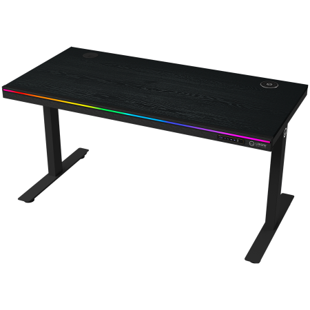 Jocuri si multimedia - Dual-motor sit/stand adjustable-height gaming desk with wireless charger, RGB lighting, control panel, and USB ports, solid wooden tabletop, black.