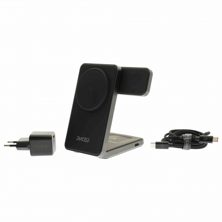 Dviced 3-in-1 Foldable Qi2 magnetic wireless charger stand w cable, wall charger - Black [1]