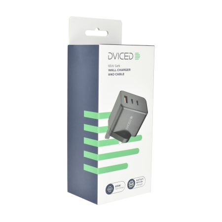 Dviced Wall charger 65W GaN 2 USB-C, 1 USB-A UK w cable - Black [1]