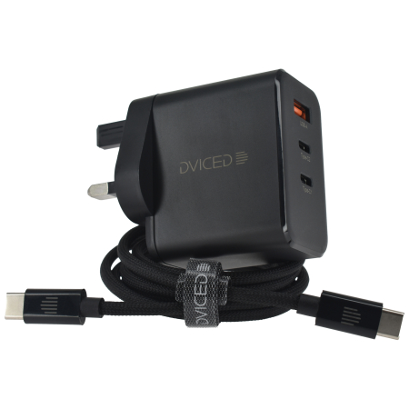 Dviced Wall charger 65W GaN 2 USB-C, 1 USB-A UK w cable - Black [4]