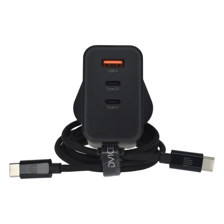 Dviced Wall charger 65W GaN 2 USB-C, 1 USB-A UK w cable - Black [3]