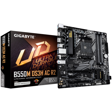 Componente PC - GIGABYTE Mainboard Desktop B550M DS3H AC R2 (AM4, 4x DDR4, 1x HDMI, 1x DisplayPort, GLAN, Wi-Fi 802.11ac, BT5.0, 1x PCIe x16 4.0, 1x PCIe x16 PCIe 3.0 x4, 1x PCIe x16 PCIe 3.0 x1, 2xM.2, 4xSATAIII, 4+