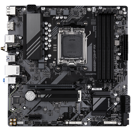 GIGABYTE Mainboard Desktop B650M D3HP AX (AM5, 4xDDR5, 1xHDMI, 2xDP, 2.5GbE LAN, Wi-Fi 6E 802.11ax, mATX, Retail) [1]