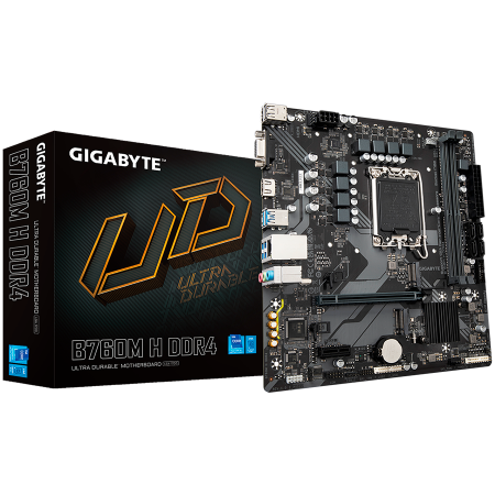 Componente PC - GIGABYTE Mainboard Desktop B760M H DDR4 (LGA1700, 2xDDR4, 1xDSub, 1xHDMI, GLAN, 1x PCI Express x16 PCIe 4.0, 1x PCI Express x1 PCIe 3.0, 2xM.2, 4 x SATAIII, 6x USB3.2 Gen1, 6x USB2.0/1.1) mATX