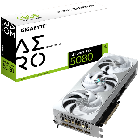 Componente PC - GIGABYTE Video Card NVIDIA GeForce RTX 5080 AERO OC SFF 16G (16GB GDDR7/256bit, PCI-E 5.0, Recommended PSU 850W, 16Pin Power connector, 3x DP, 1x HDMI) White/Silver